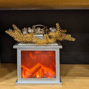 Silver Fire Light Lantern With Berry Wreath Battery Operated